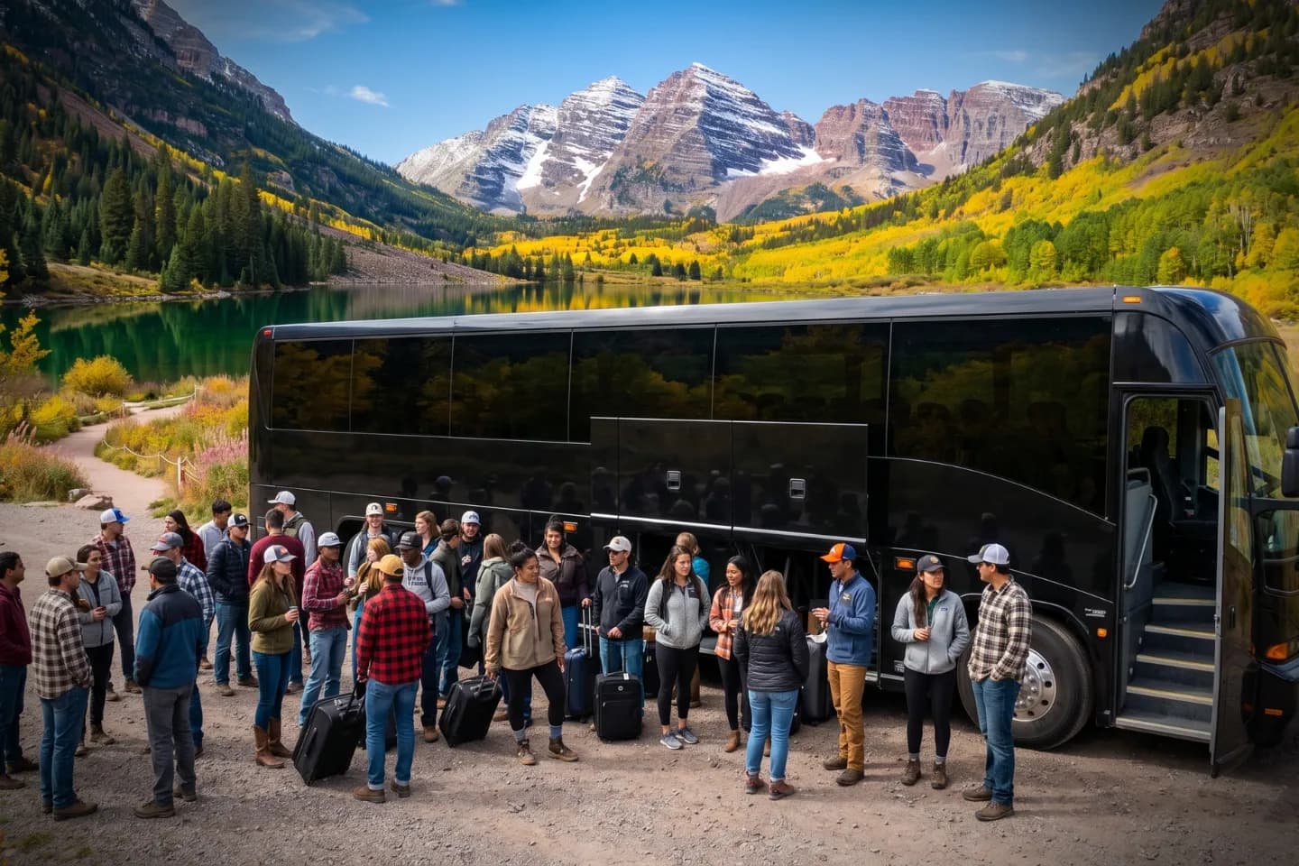Charter motorcoach rolling down a Rocky Mountain highway on a Colorado rental itinerary