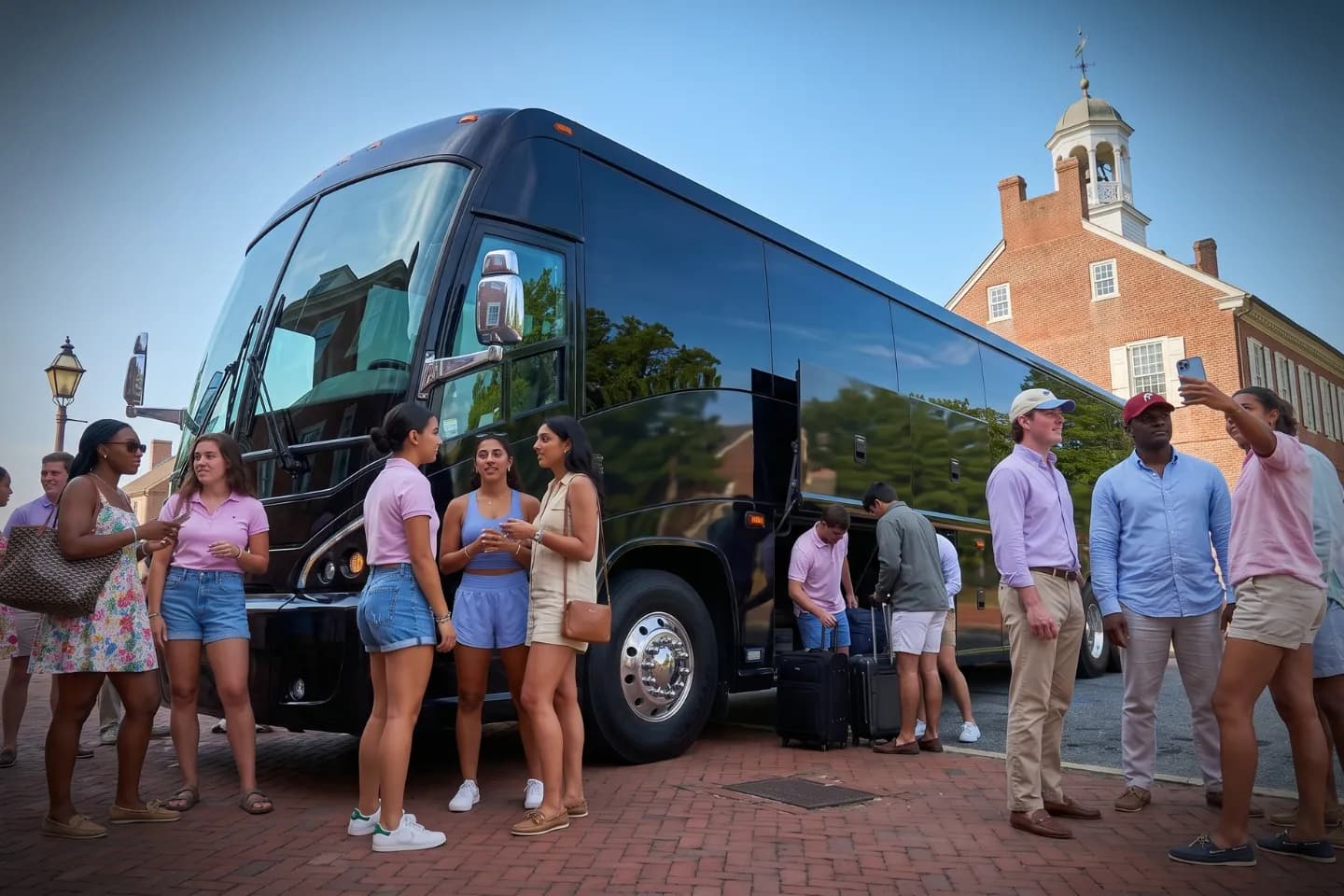 Comfortable leather seating inside a Delaware charter bus with overhead storage
