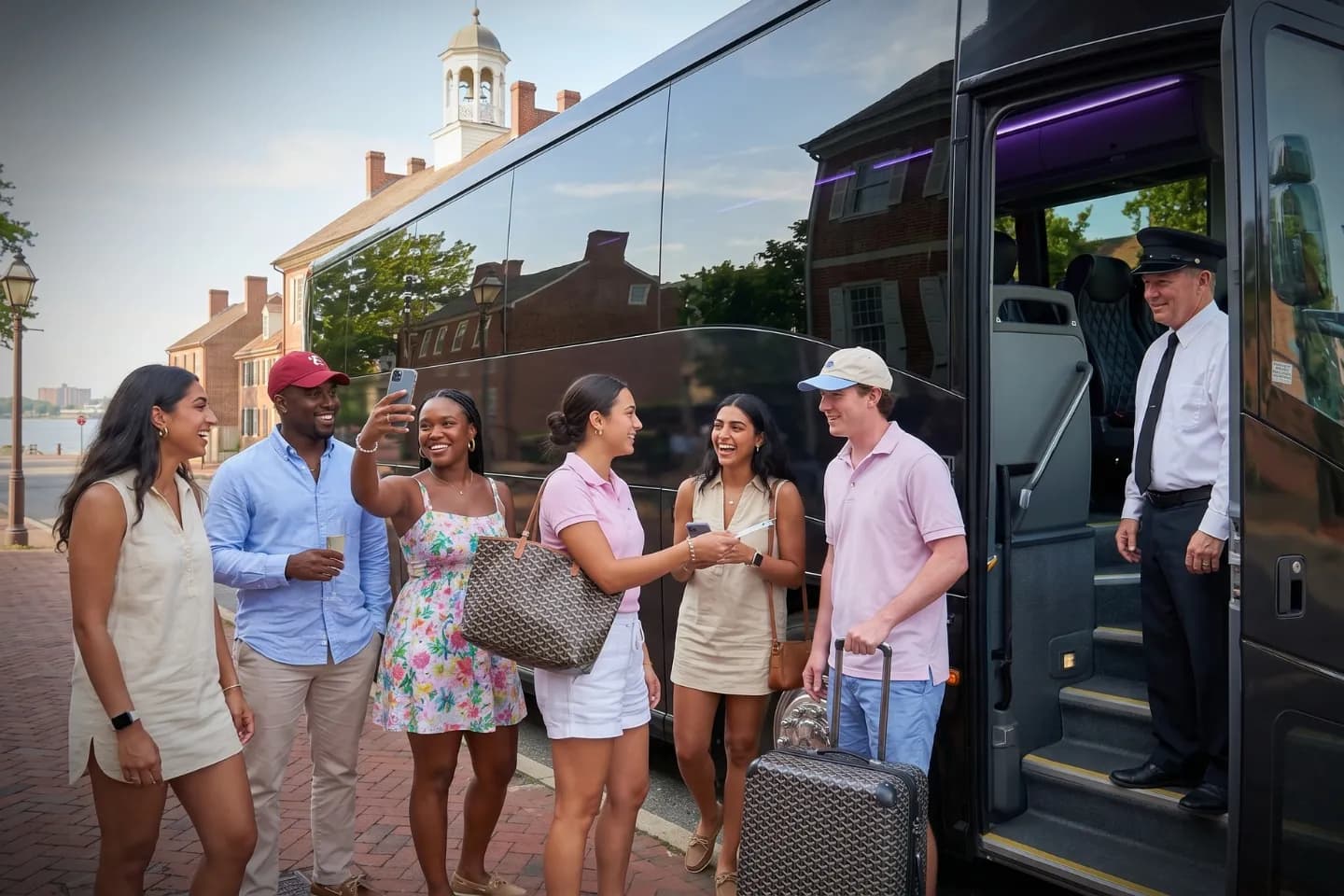 Modern charter bus cruising a coastal Delaware highway during a Delaware group tour