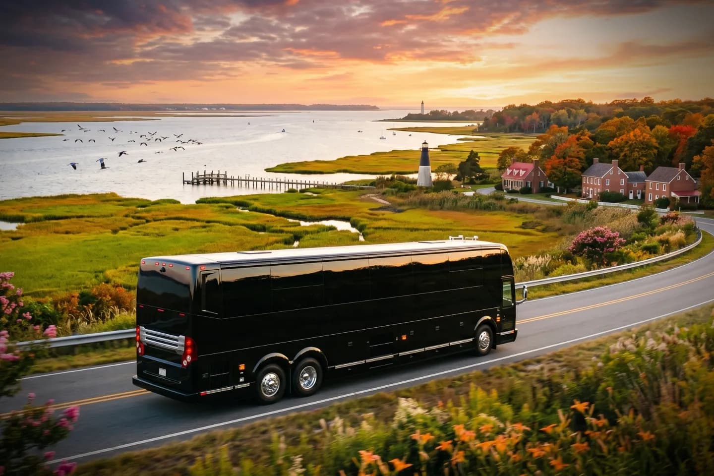 Luxury motorcoach parked near a Wilmington hotel for a Delaware charter bus rental