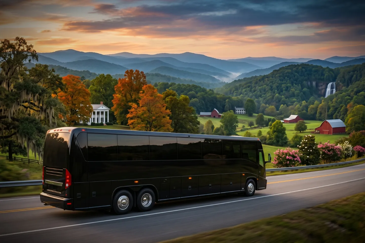 White charter bus parked outside an Atlanta hotel awaiting a Georgia tour group