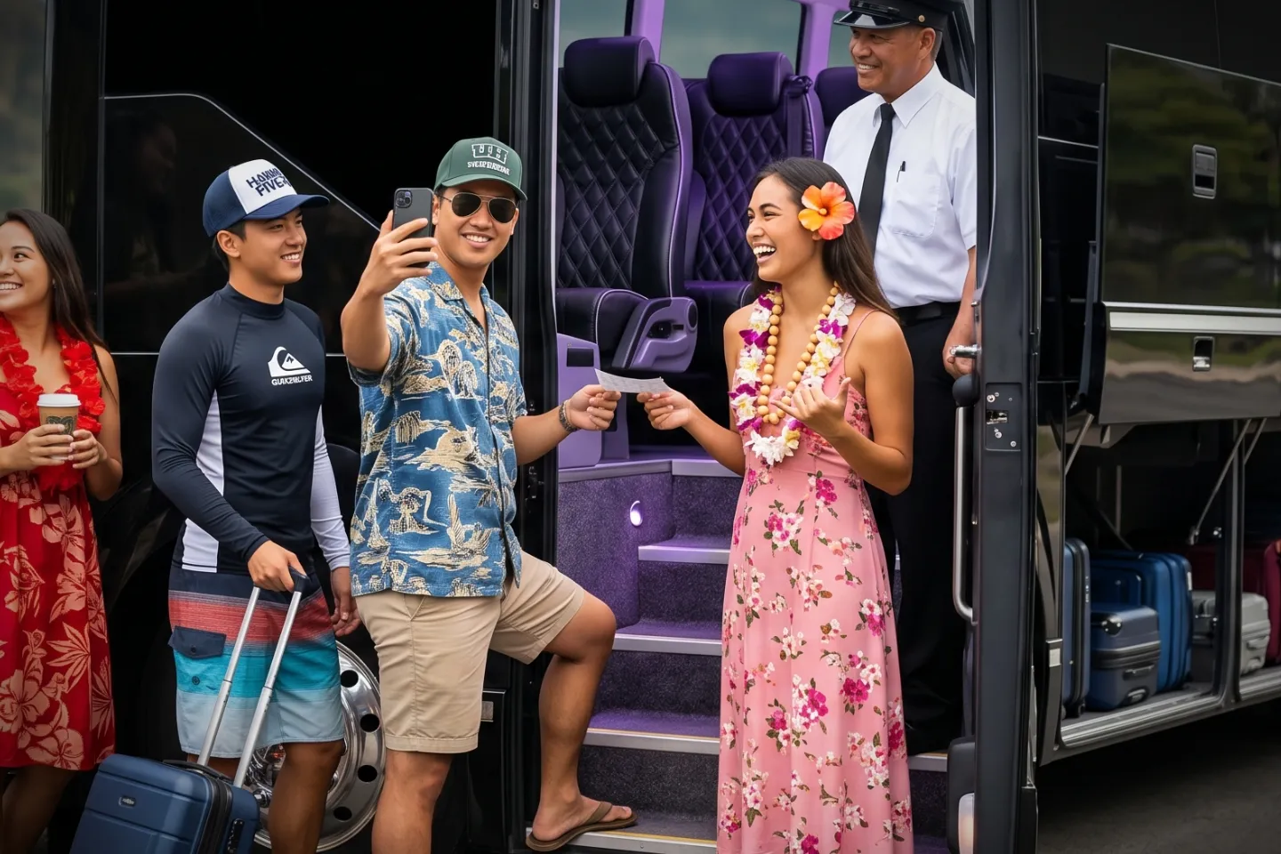 Comfortable leather seating inside a Hawaii charter bus with overhead storage