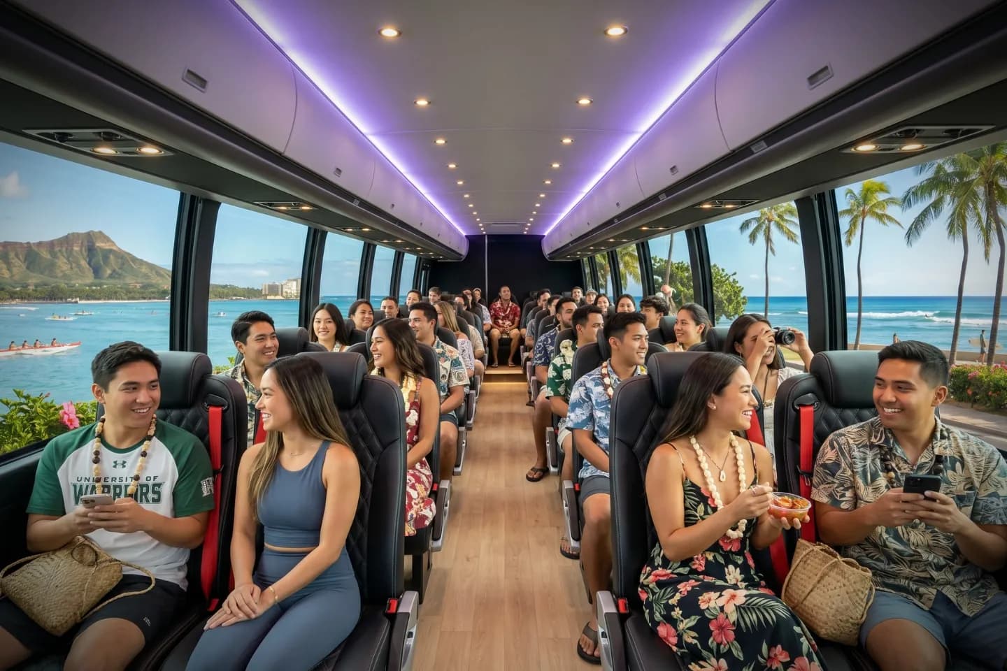 Uniformed chauffeur standing beside an open charter bus door in Hawaii
