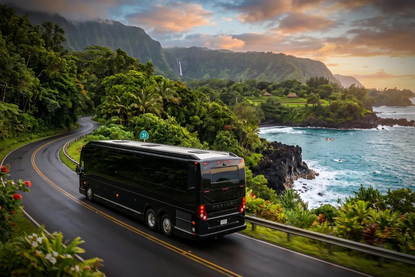 Luxury motorcoach parked near a Honolulu resort for a Hawaii charter bus rental