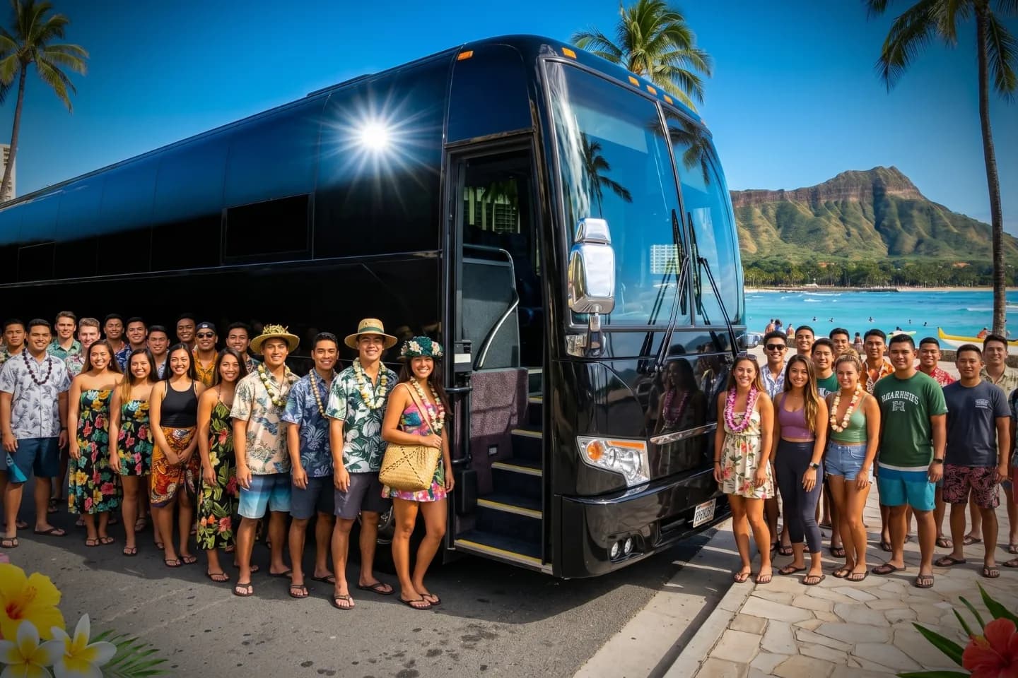 Modern charter bus cruising an oceanfront Oahu road during a Hawaii group tour
