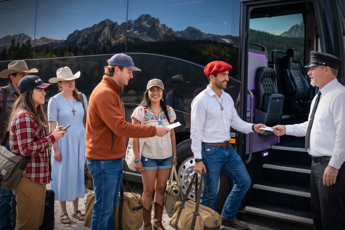Charter motorcoach rolling down a pine forest mountain highway on an Idaho rental itinerary