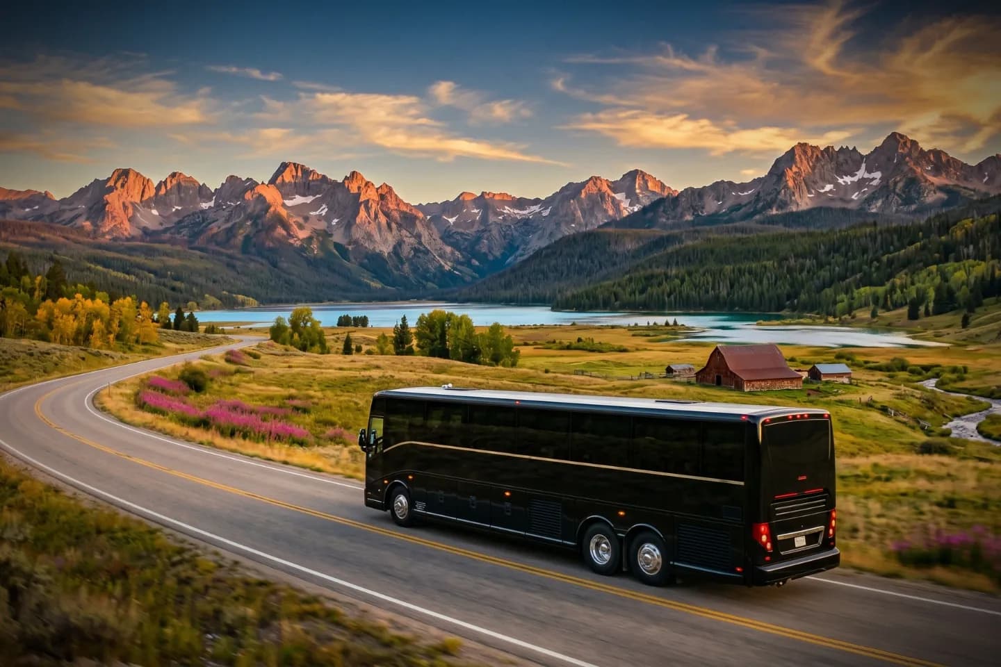 Black charter bus waiting outside a Boise hotel for an Idaho corporate group