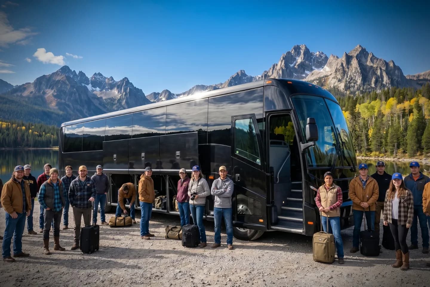 Passengers stepping onto a charter bus at the start of an Idaho trip