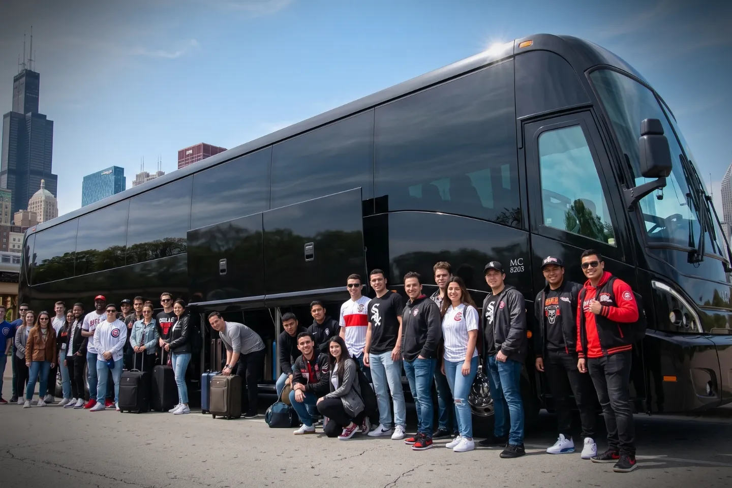 Travelers loading luggage into a modern charter bus for an Illinois group trip