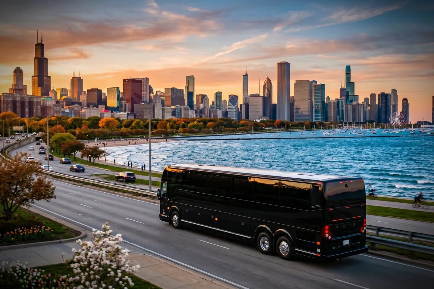 White charter bus parked outside a Chicago hotel awaiting an Illinois tour group