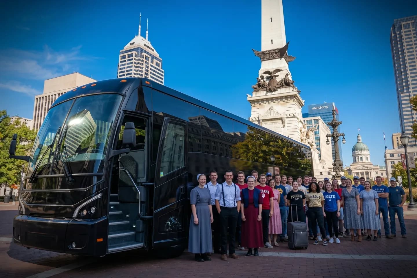 Modern charter bus cruising an interstate outside Indianapolis during an Indiana group tour
