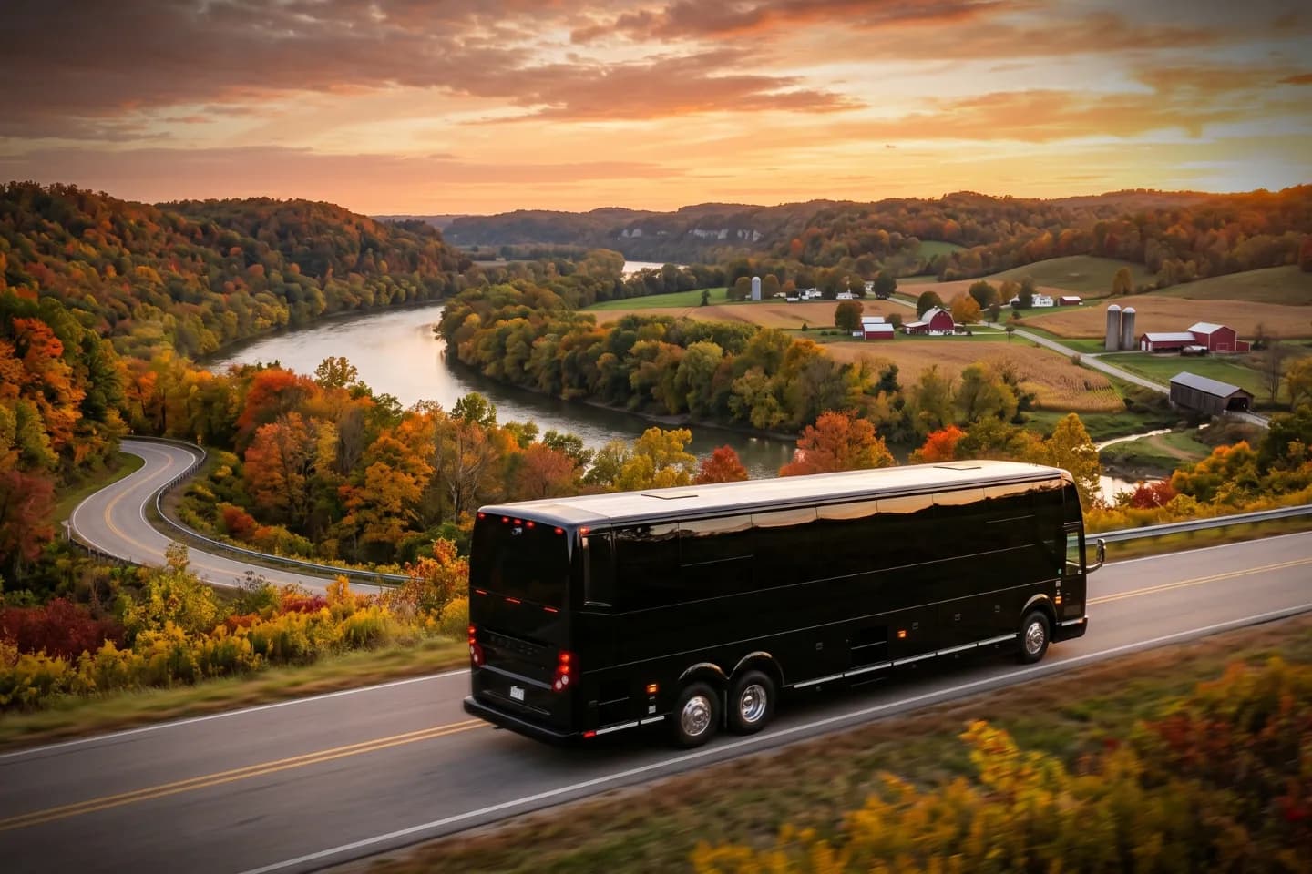 Luxury motorcoach parked near an Indianapolis hotel for an Indiana charter bus rental