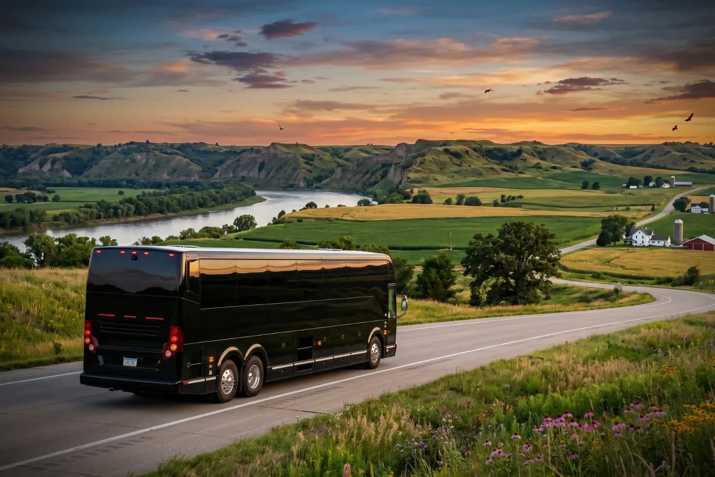 Black charter bus waiting outside a Des Moines hotel for an Iowa corporate group