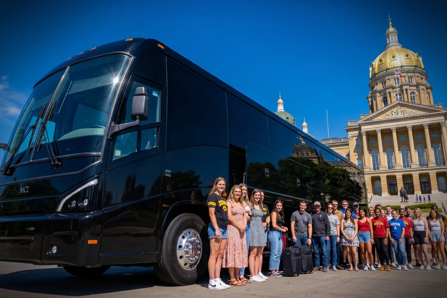 Wide aisle and plush seats inside a charter bus serving Iowa travelers