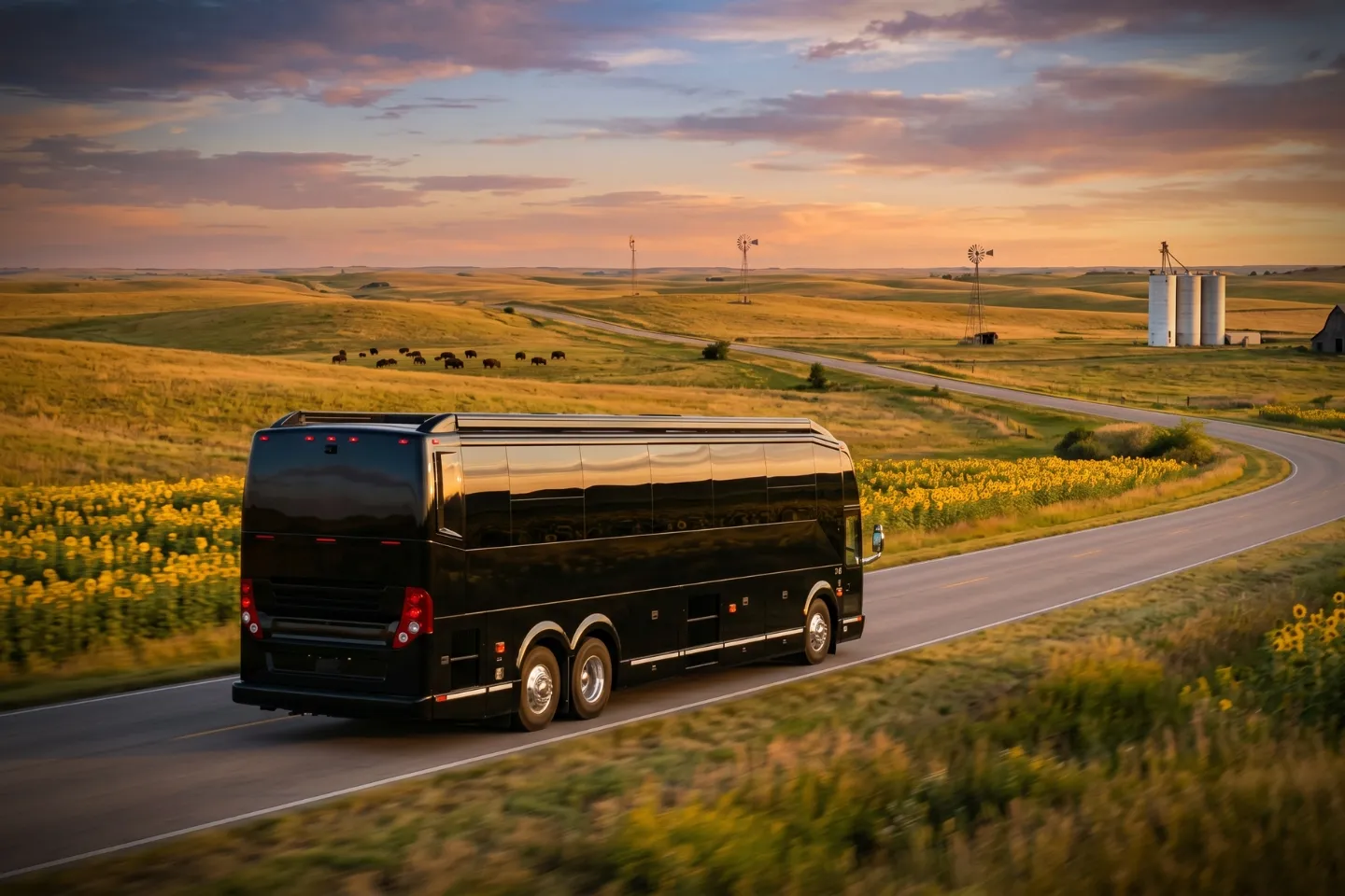 White charter bus parked outside a Wichita hotel awaiting a Kansas tour group