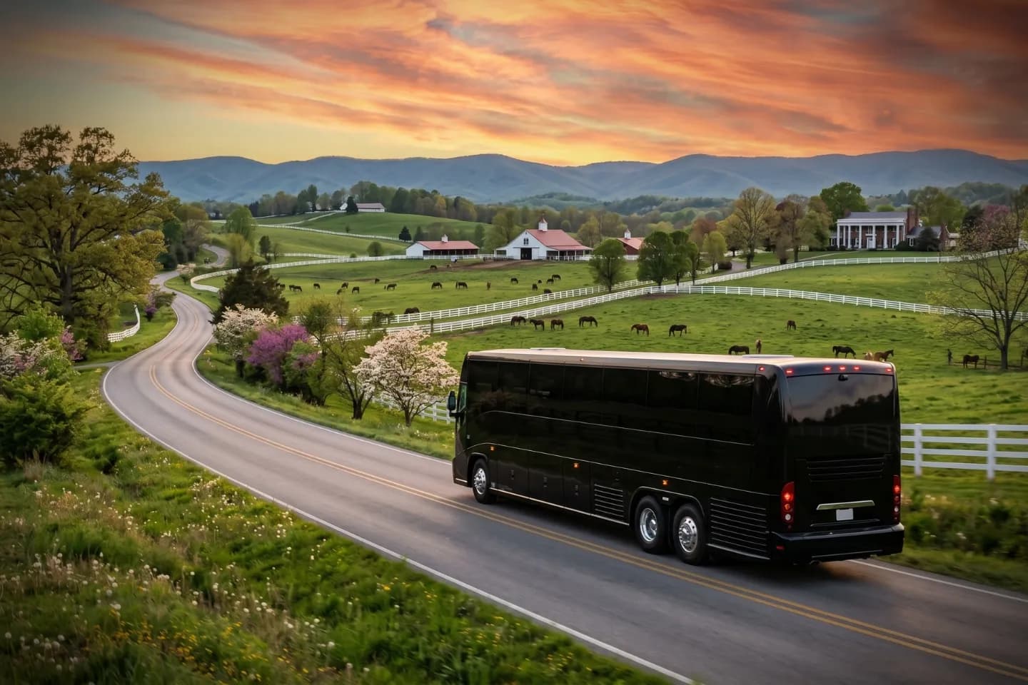 Luxury motorcoach parked near a Louisville hotel for a Kentucky charter bus rental