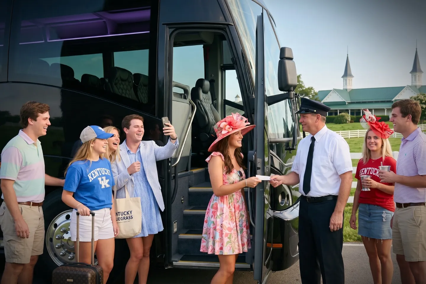 Comfortable leather seating inside a Kentucky charter bus with overhead storage