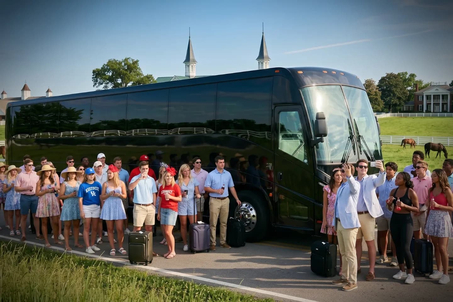 Modern charter bus cruising a scenic bluegrass country road during a Kentucky group tour