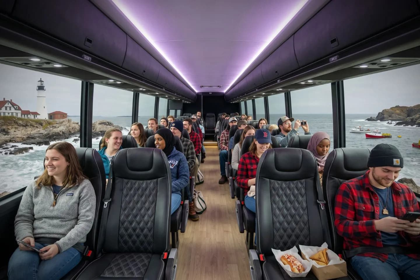 Motorcoach traveling along a rocky coastline route on a Maine charter route