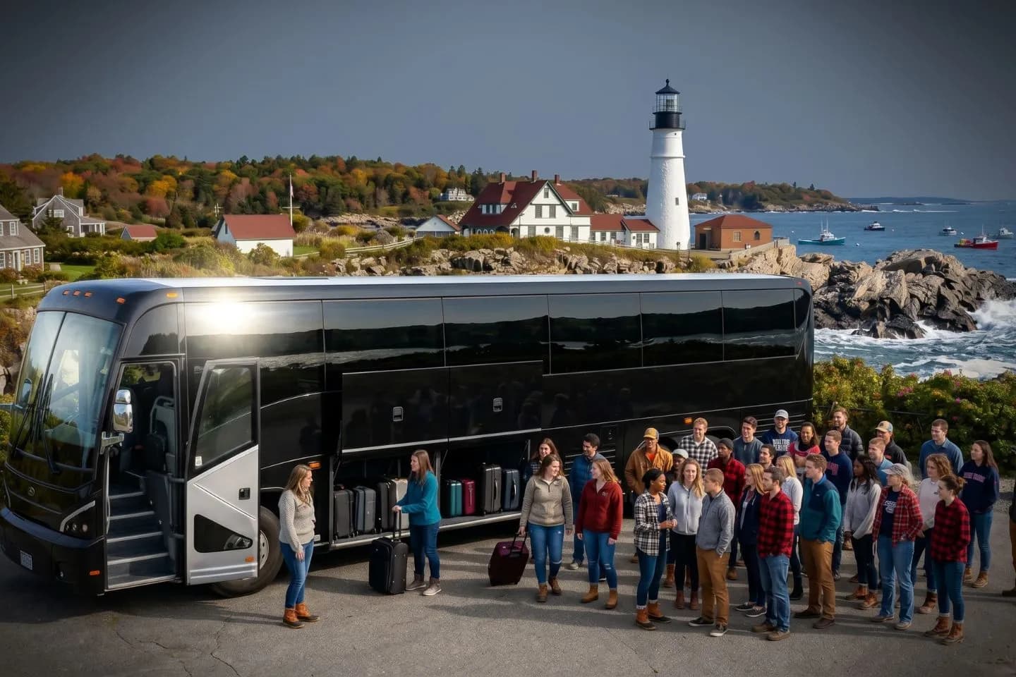 Travelers loading luggage into a modern charter bus for a Maine group trip