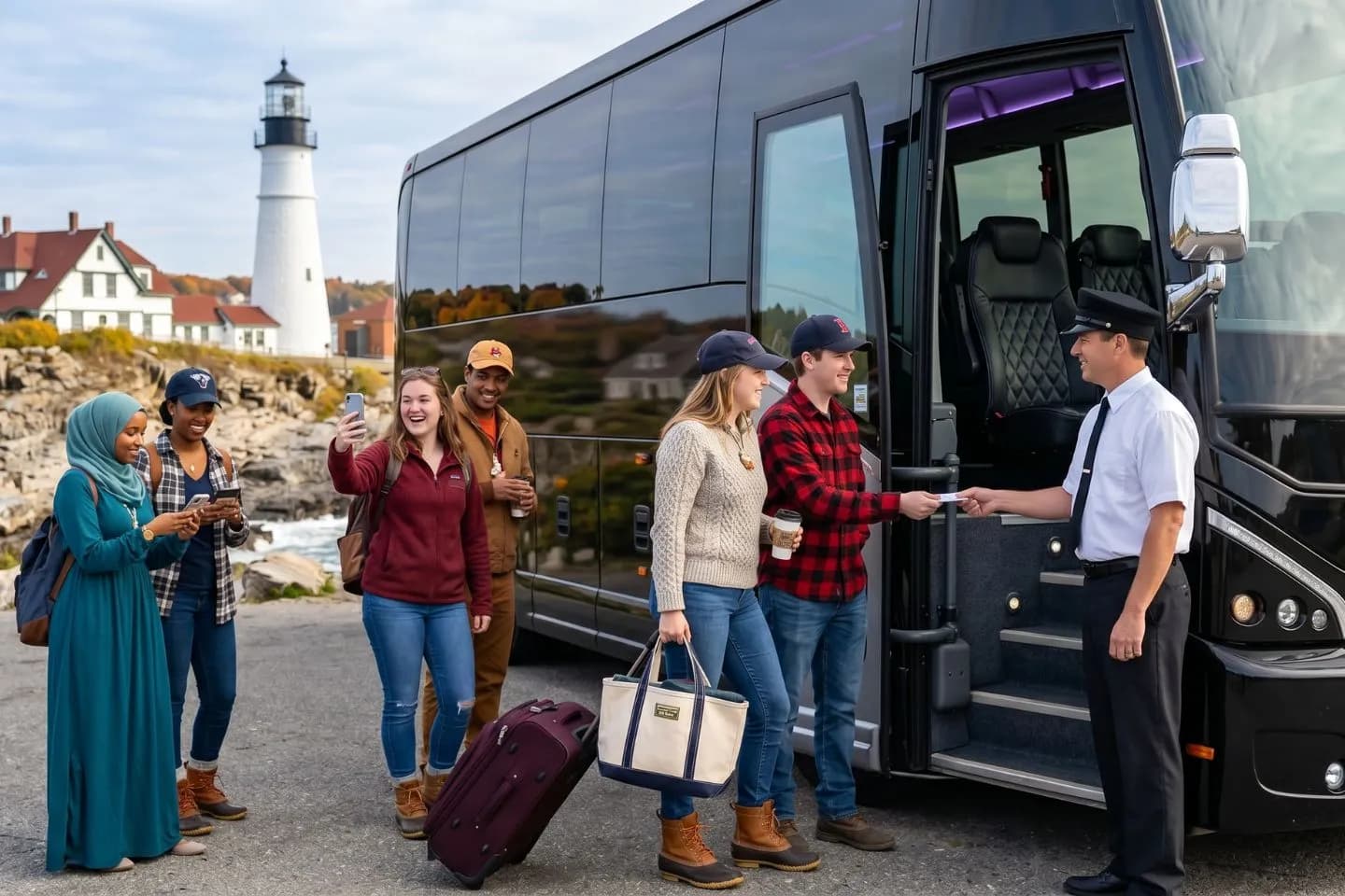 Spacious charter bus interior with reclining seats ready for Maine passengers
