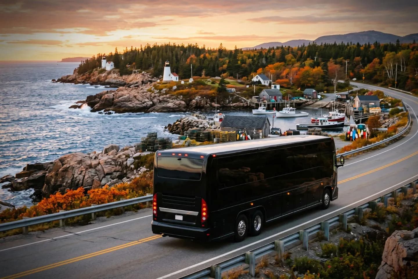 White charter bus parked outside a Portland waterfront hotel awaiting a Maine tour group