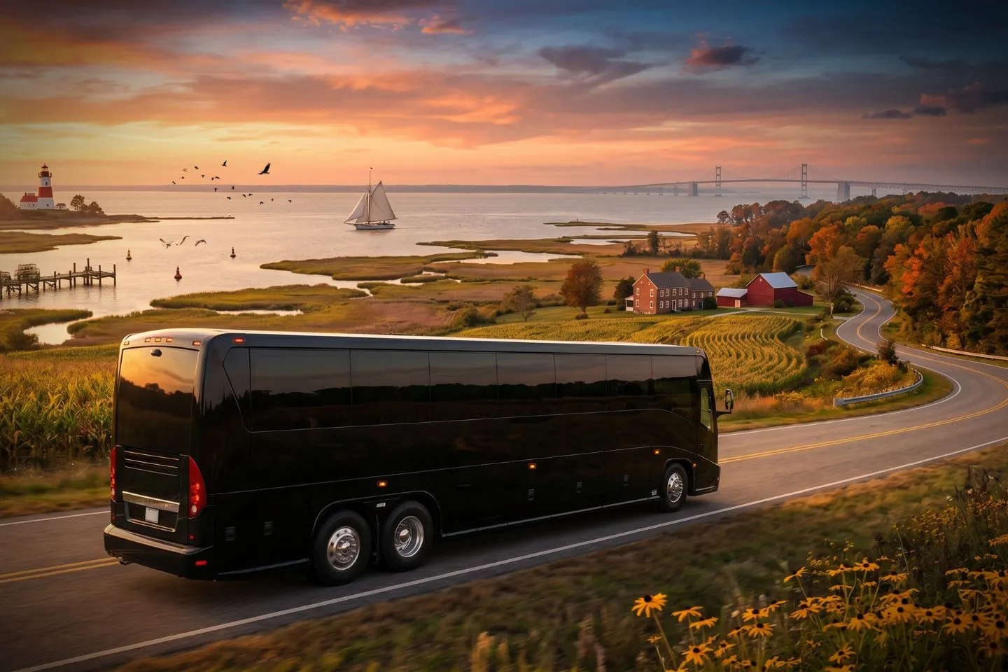 Luxury motorcoach parked near a Baltimore hotel for a Maryland charter bus rental