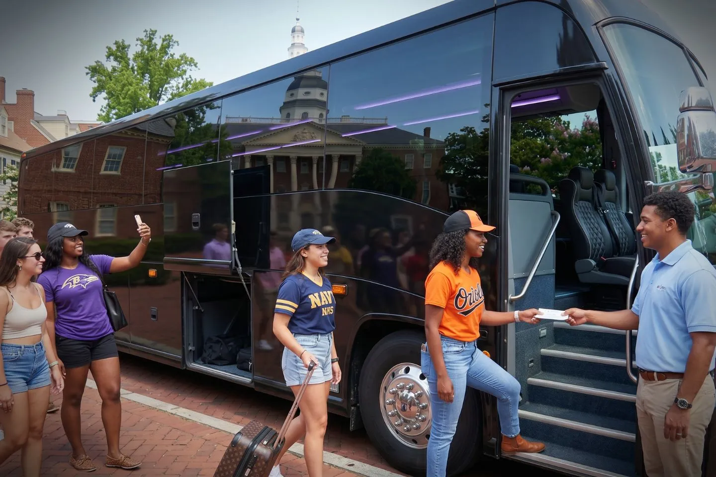 Modern charter bus cruising a highway near the Chesapeake Bay during a Maryland group tour