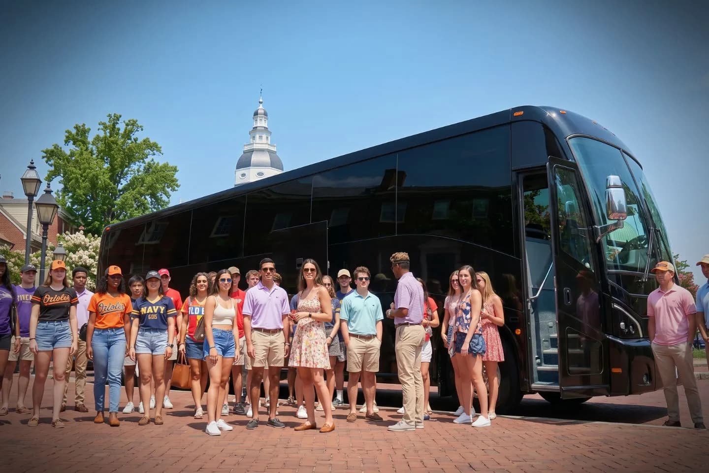 Group passengers boarding a charter bus before a Maryland sightseeing trip