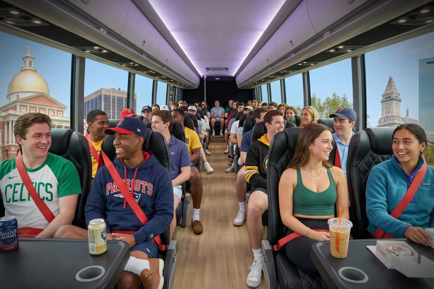 Passengers stepping onto a charter bus at the start of a Massachusetts trip