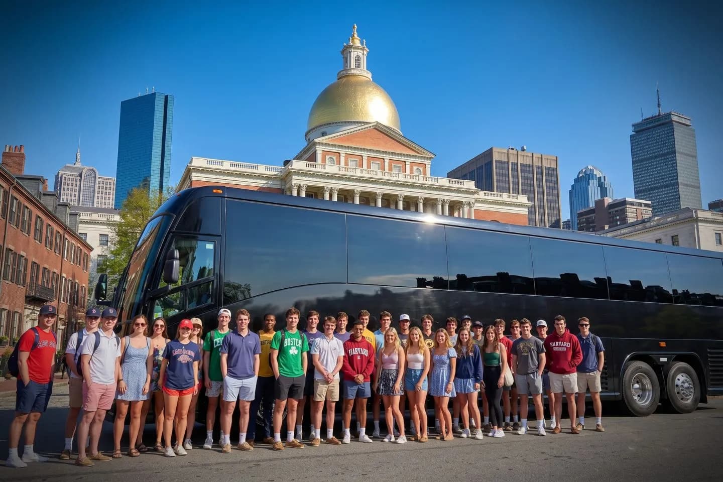 Wide aisle and plush seats inside a charter bus serving Massachusetts travelers
