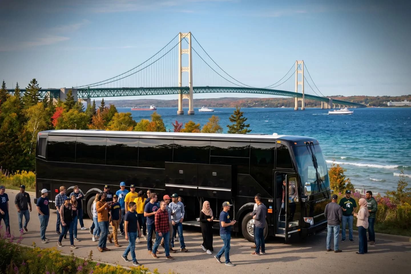 Professional driver welcoming guests aboard a luxury charter bus in Michigan