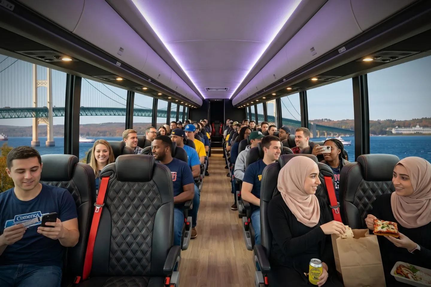 Motorcoach traveling along a Great Lakes shoreline highway on a Michigan charter route