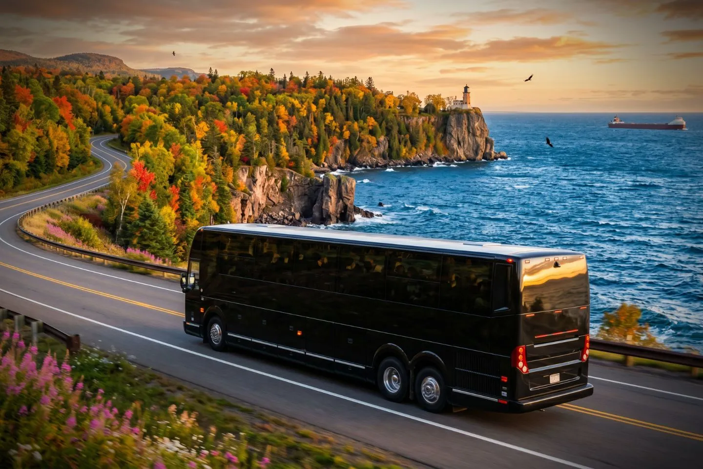 Luxury motorcoach parked near a Minneapolis hotel for a Minnesota charter bus rental