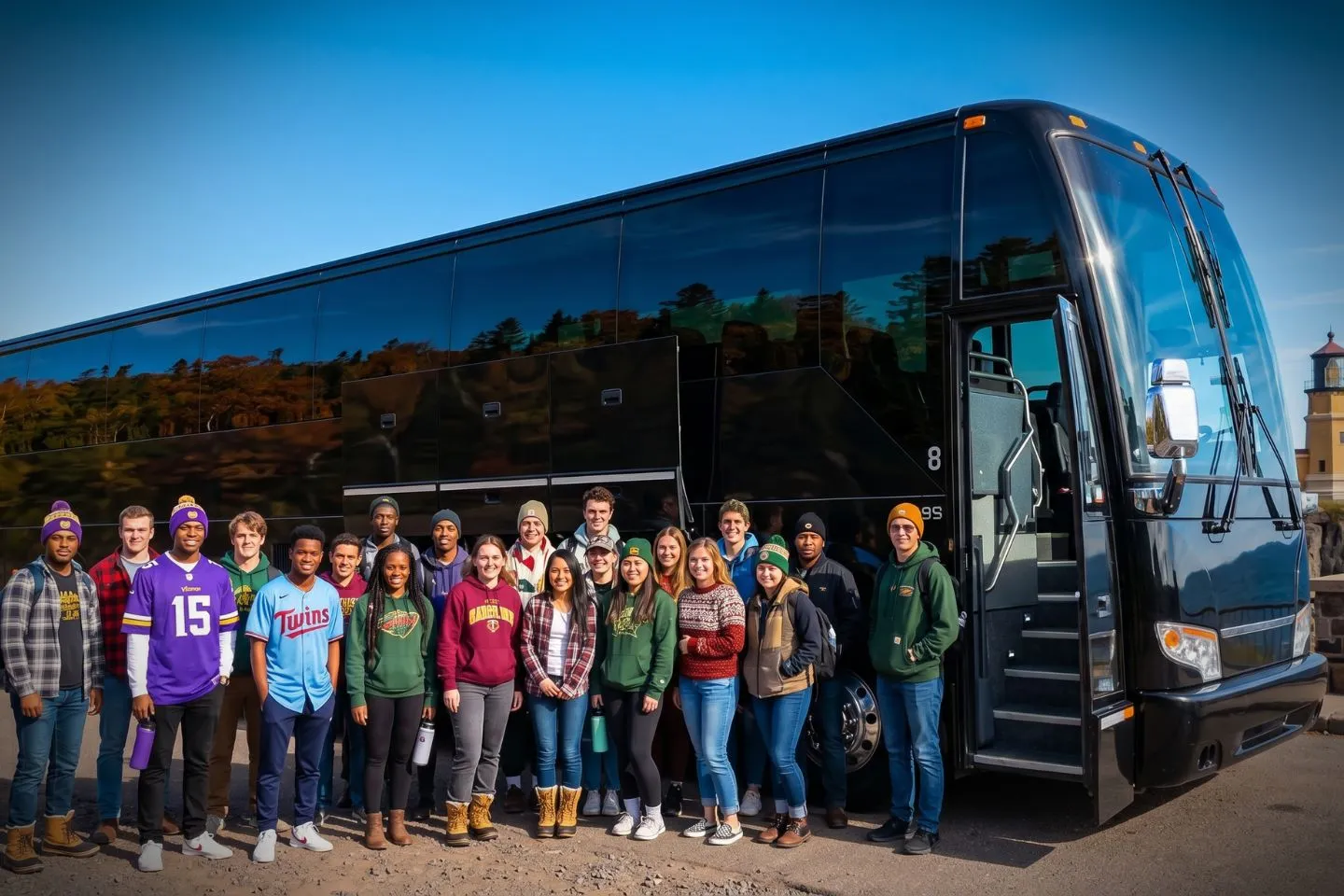 Group passengers boarding a charter bus before a Minnesota sightseeing trip
