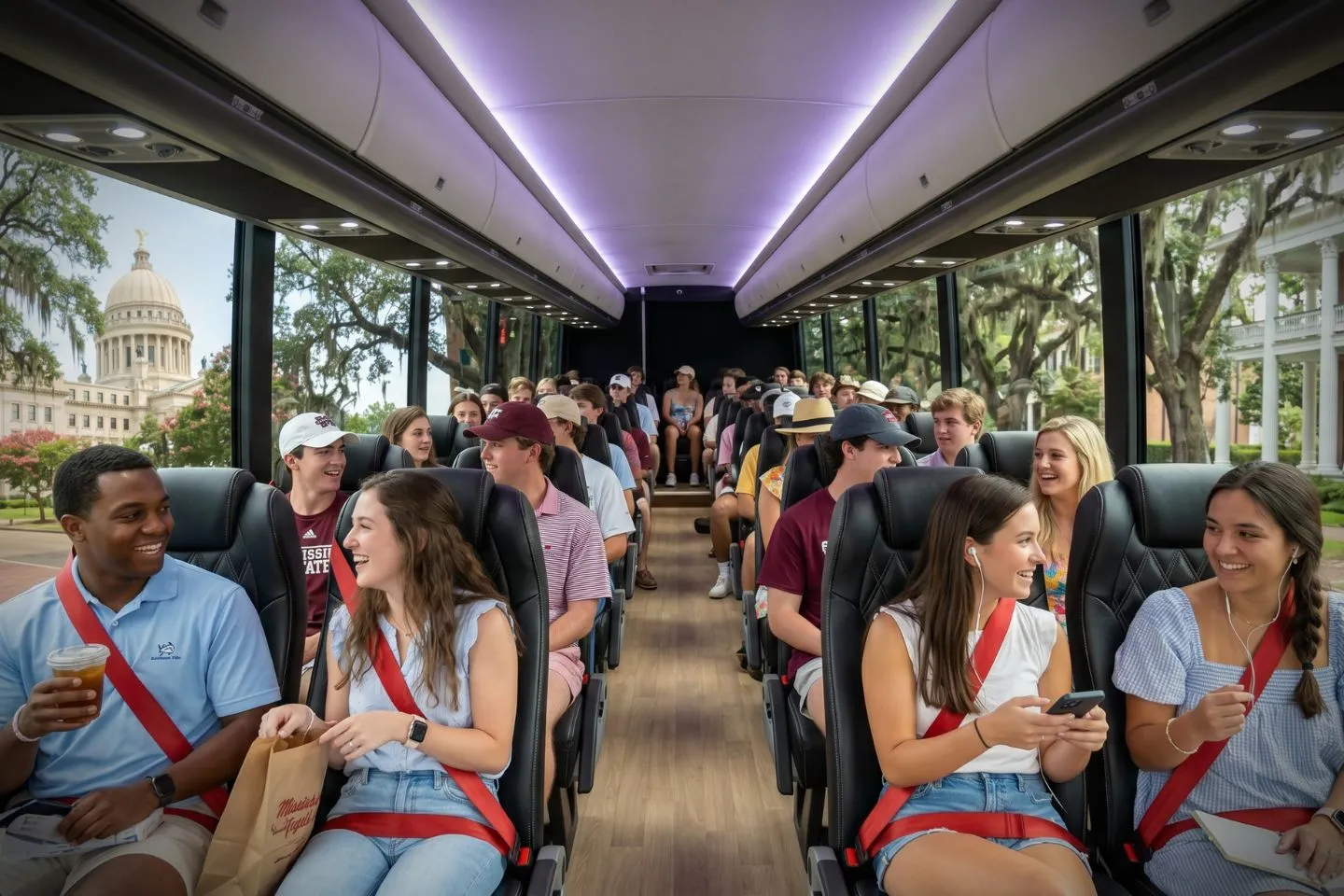 Wide aisle and plush seats inside a charter bus serving Mississippi travelers