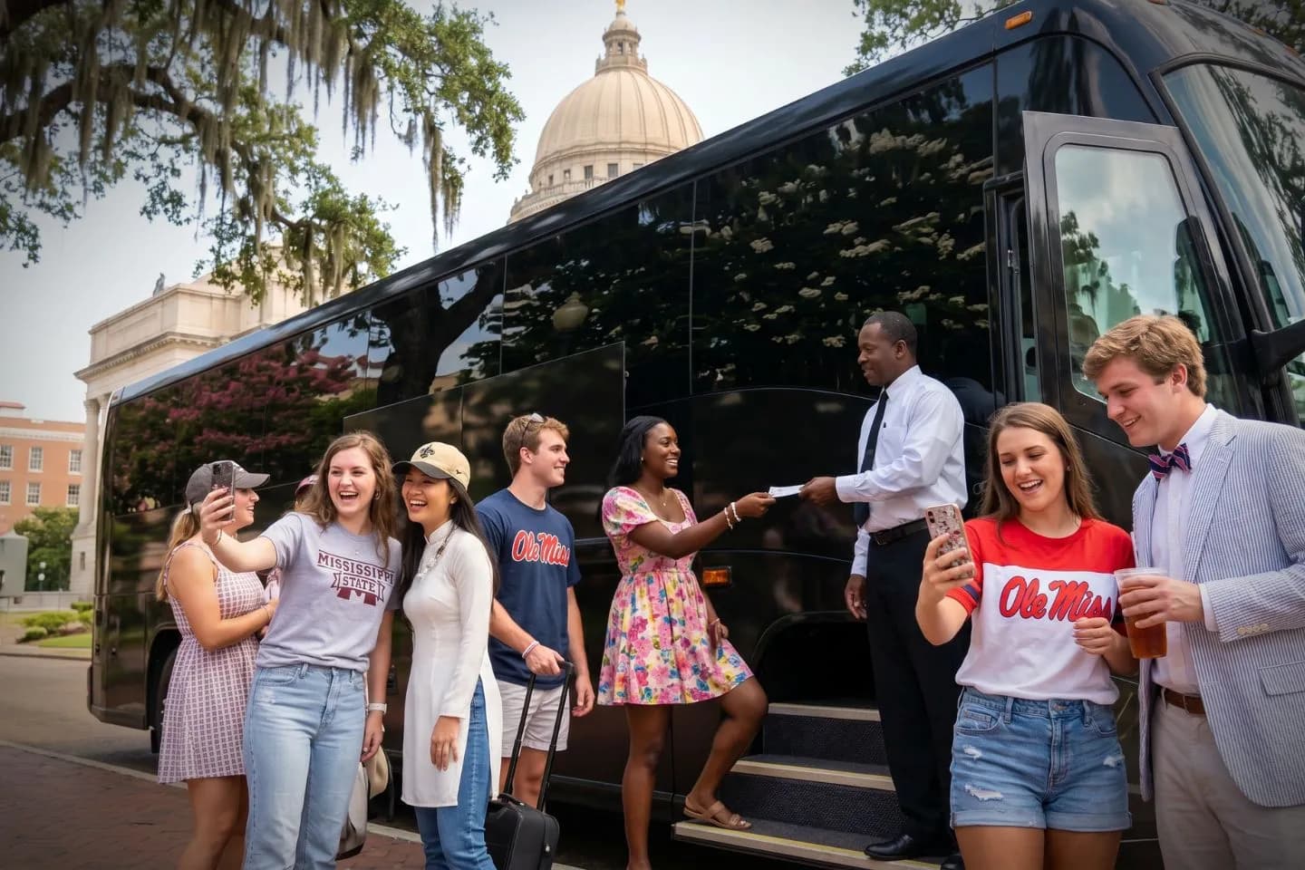 Passengers stepping onto a charter bus at the start of a Mississippi trip