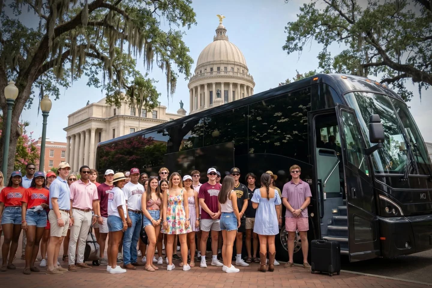 Charter motorcoach rolling down a highway along the Mississippi River on a Mississippi rental itinerary