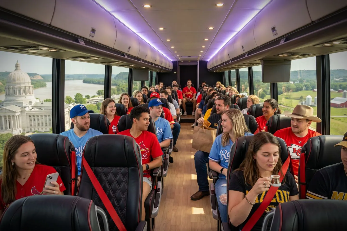 Spacious charter bus interior with reclining seats ready for Missouri passengers