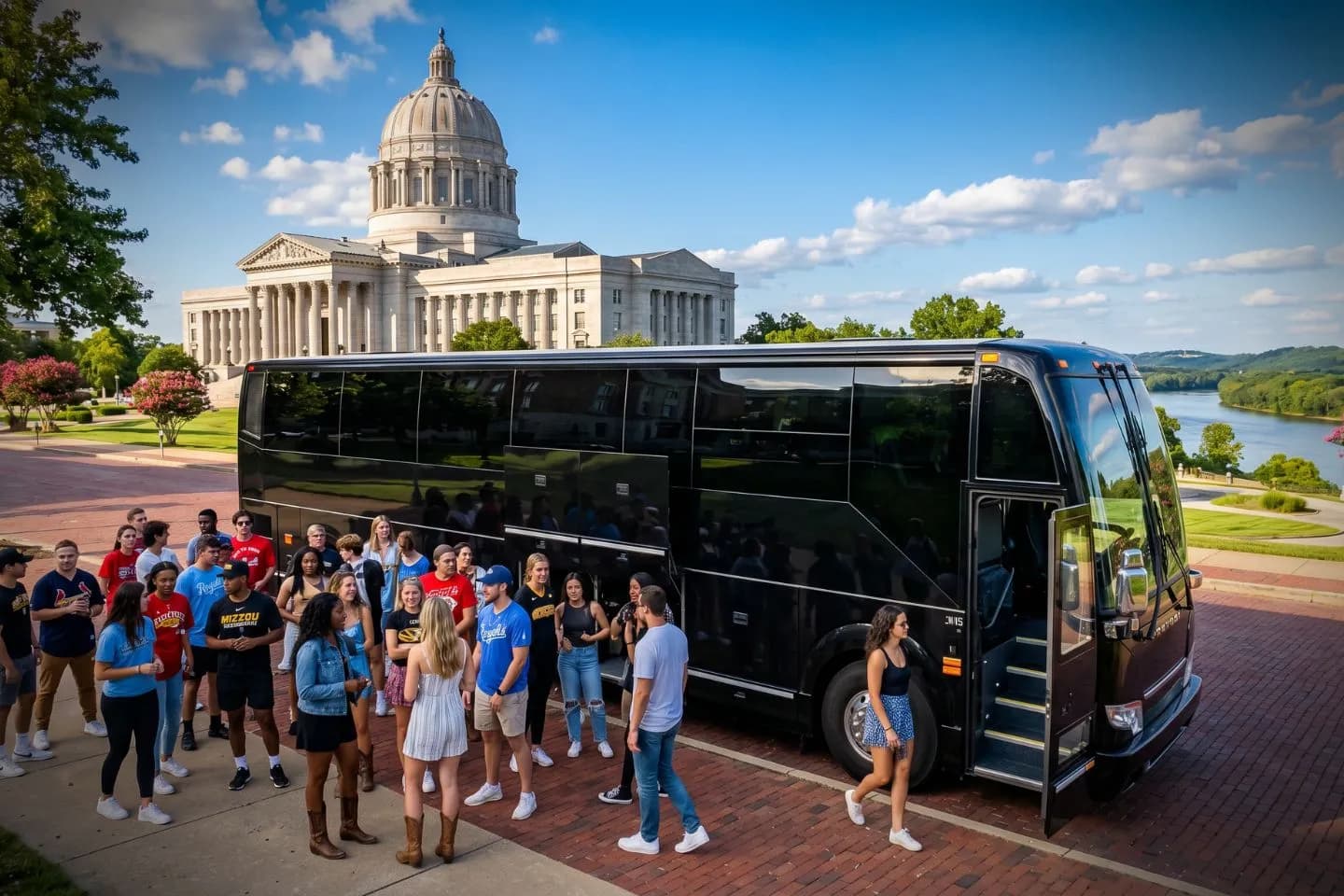 Professional driver welcoming guests aboard a luxury charter bus in Missouri