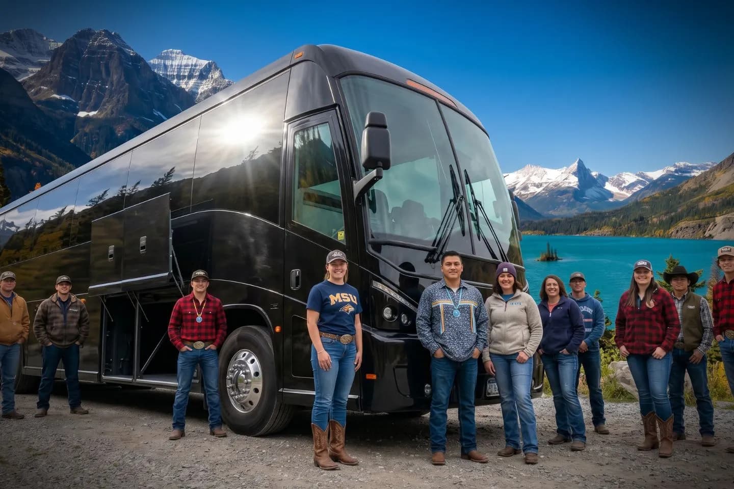Comfortable leather seating inside a Montana charter bus with overhead storage