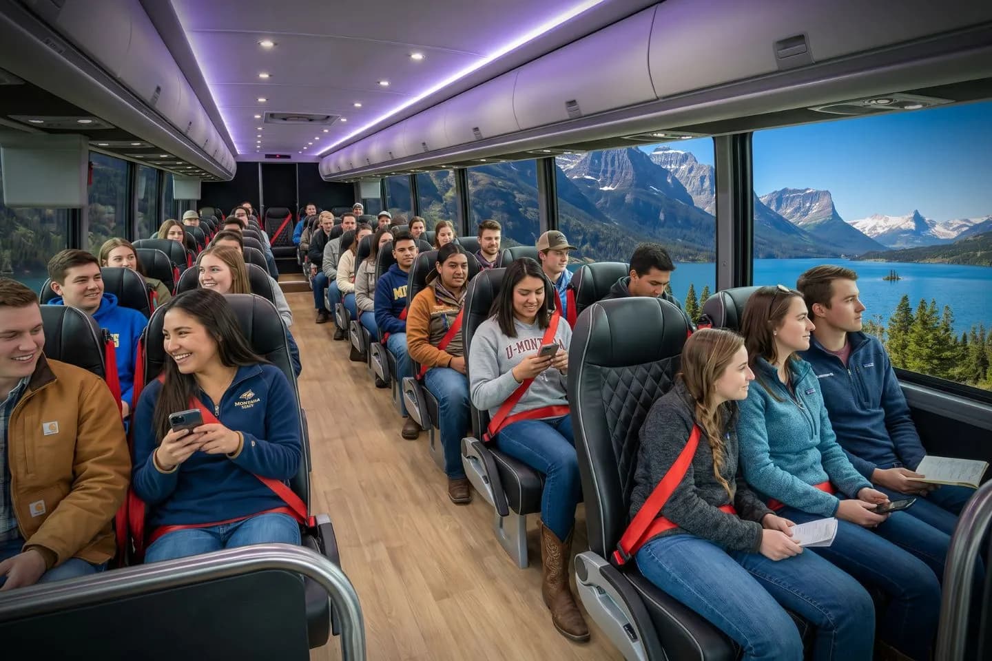 Group passengers boarding a charter bus before a Montana sightseeing trip