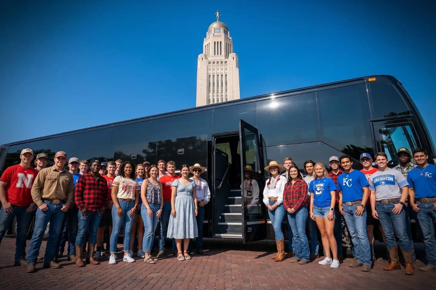 Charter motorcoach rolling down an interstate across the Nebraska plains on a Nebraska rental itinerary