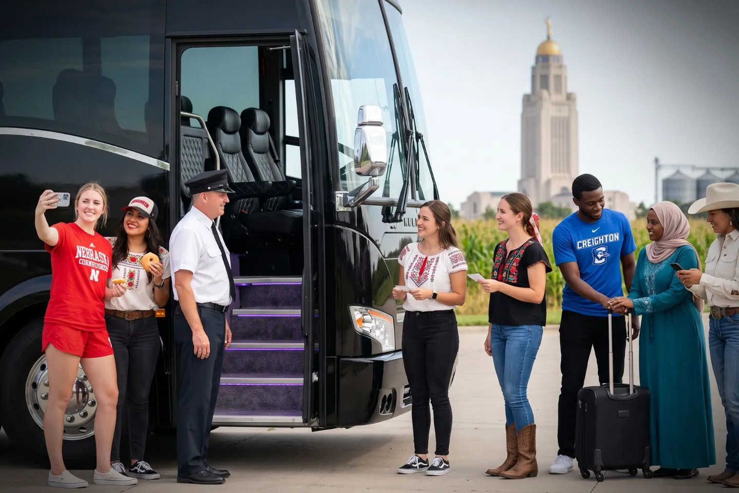 Wide aisle and plush seats inside a charter bus serving Nebraska travelers