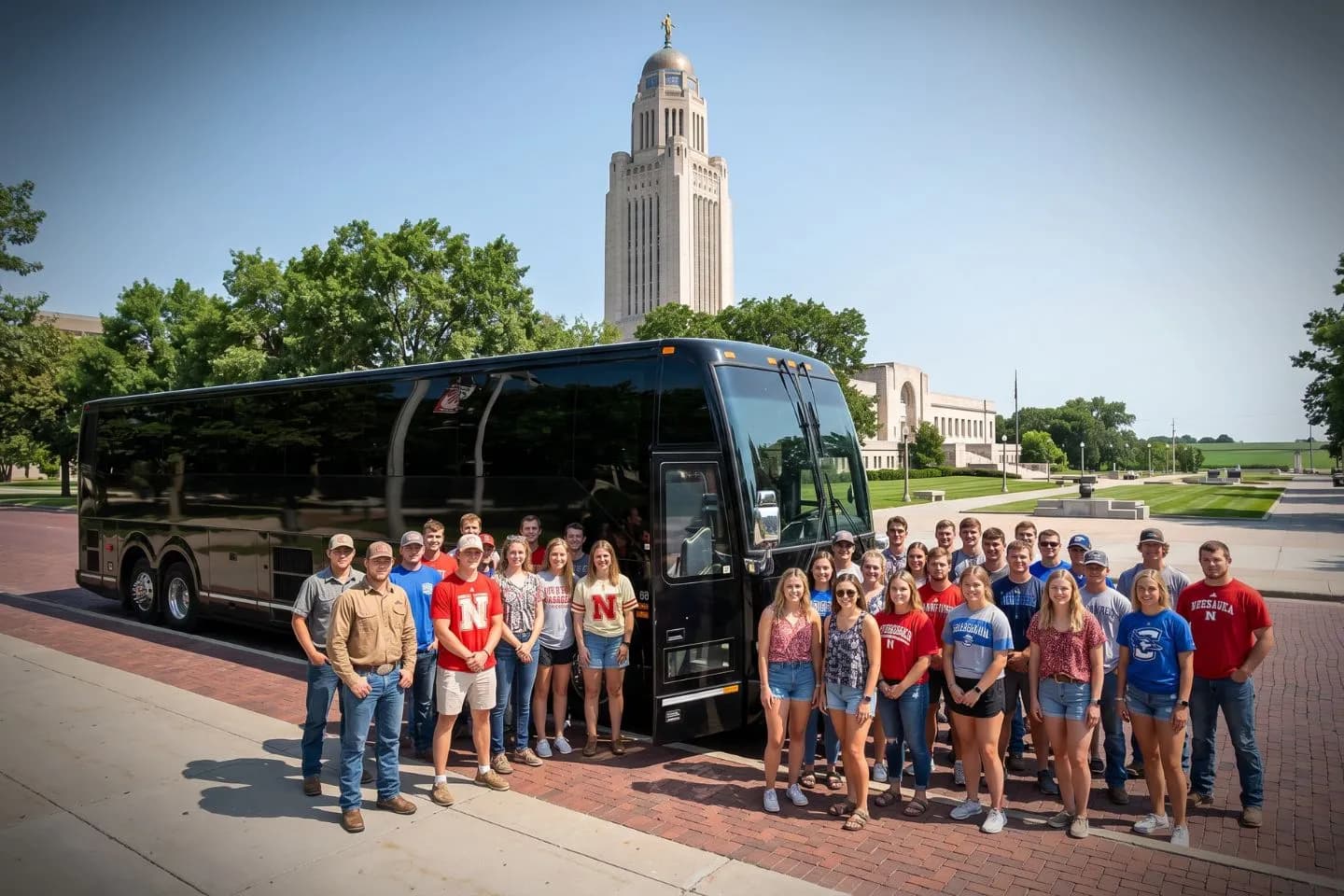 Passengers stepping onto a charter bus at the start of a Nebraska trip