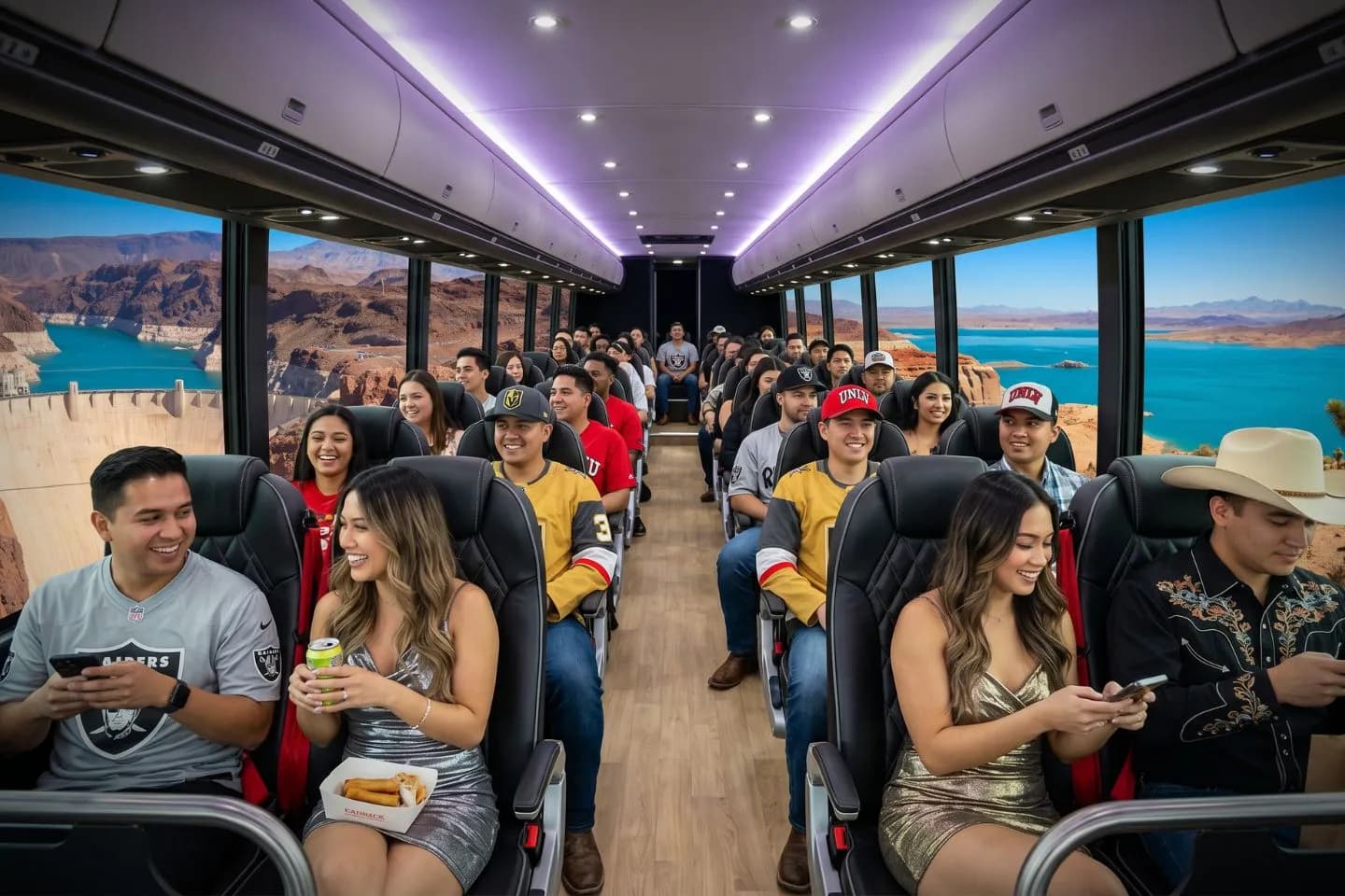 Travelers loading luggage into a modern charter bus for a Nevada group trip