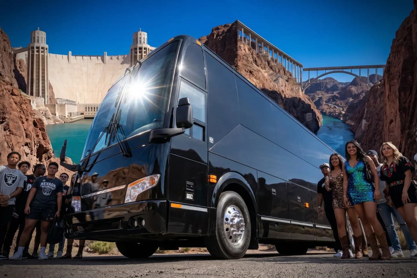 Motorcoach traveling along a desert highway outside Las Vegas on a Nevada charter route