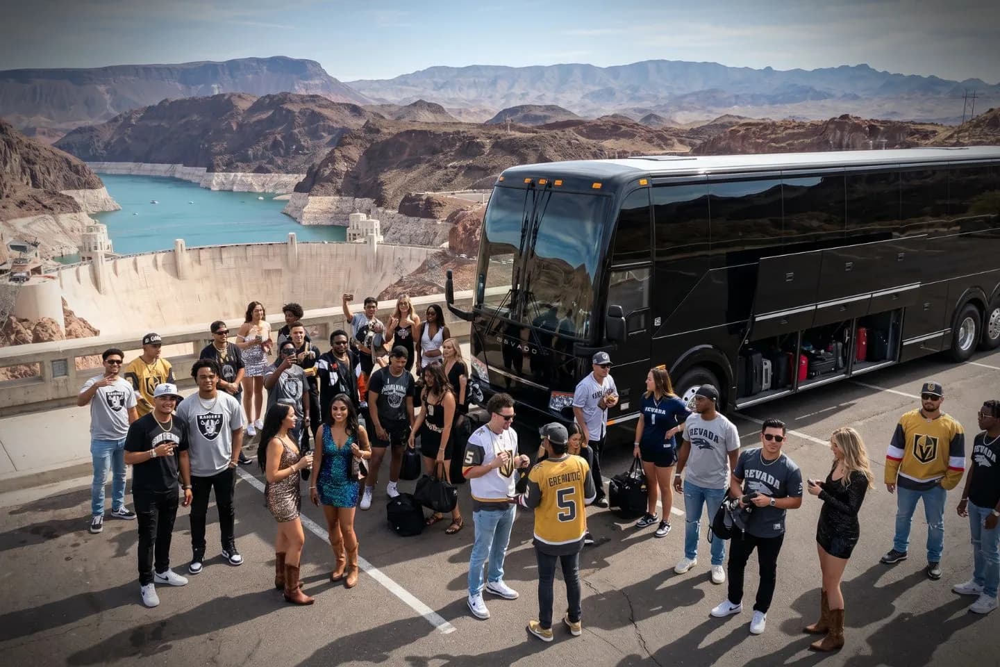 Professional driver welcoming guests aboard a luxury charter bus in Nevada