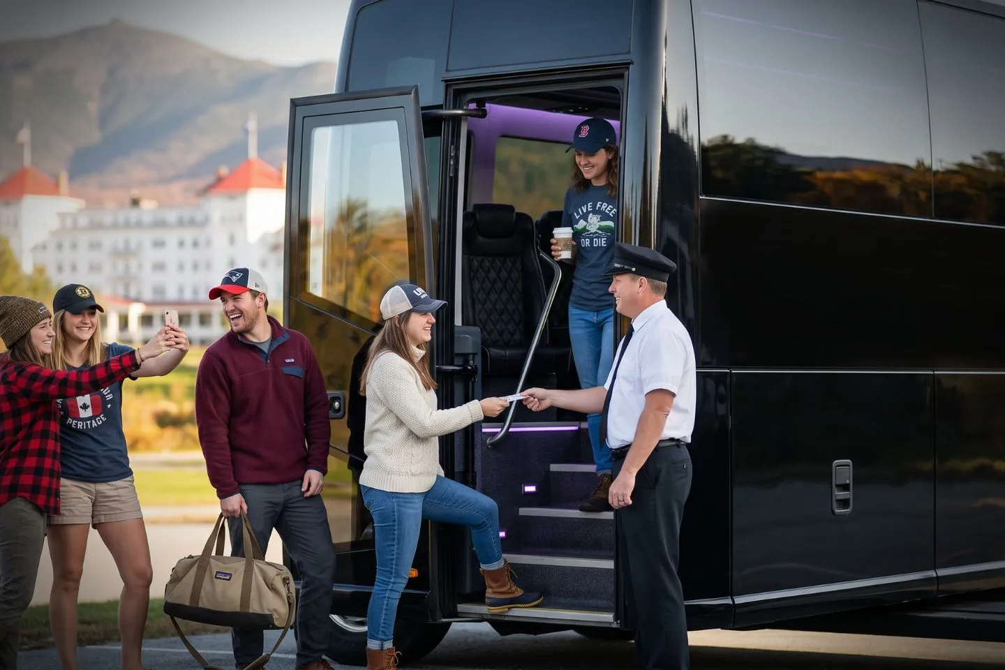 Comfortable leather seating inside a New Hampshire charter bus with overhead storage
