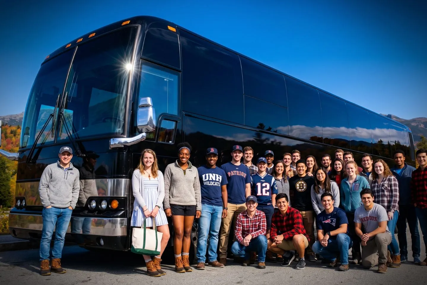 Uniformed chauffeur standing beside an open charter bus door in New Hampshire